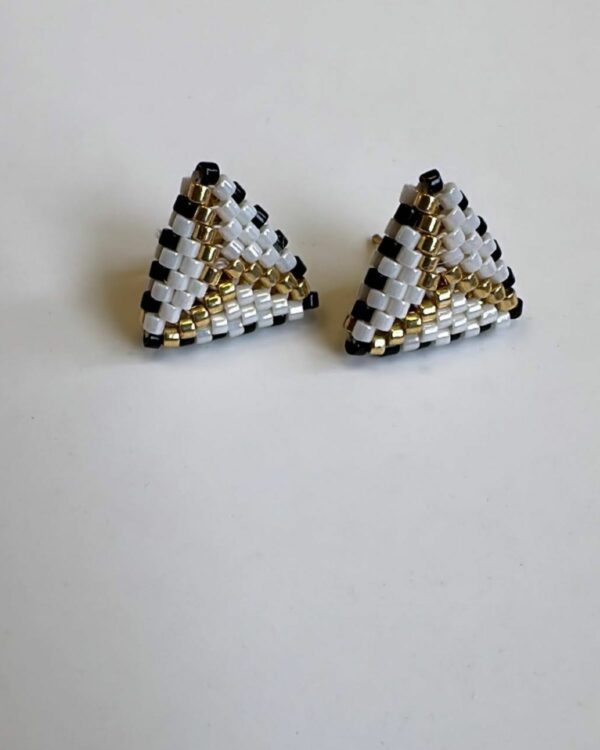 Triangle Miyuki Stud Earrings in Dynamic White with Black and Gold Accents